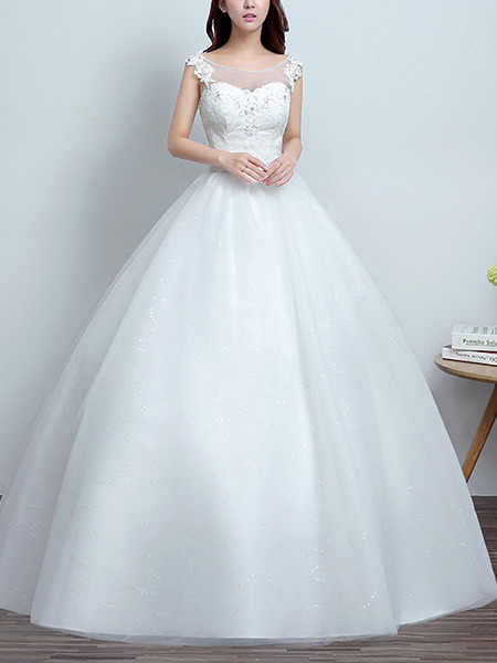 White Illusion Bateau A-Line Dress for Wedding