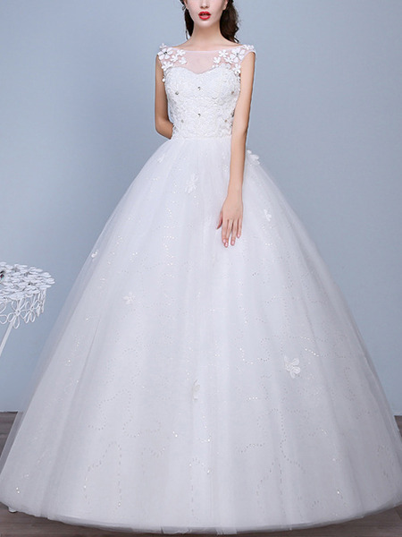 White Illusion A-Line Bateau Lace Appliques Dress for Wedding