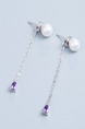 925 Silver Bead Dangle Pearl and Amethyst Earring