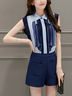 Blue Two Piece Shirt Shorts Plus Size Wide Leg Jumpsuit for Casual Office Evening