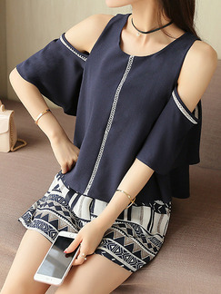 Blue and White Two Piece Shirt Shorts Plus Size Wide Leg Jumpsuit for Casual Evening Party
