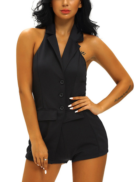 Black One Piece Shorts V Neck Halter Backless Jumpsuit for Evening Party Cocktail