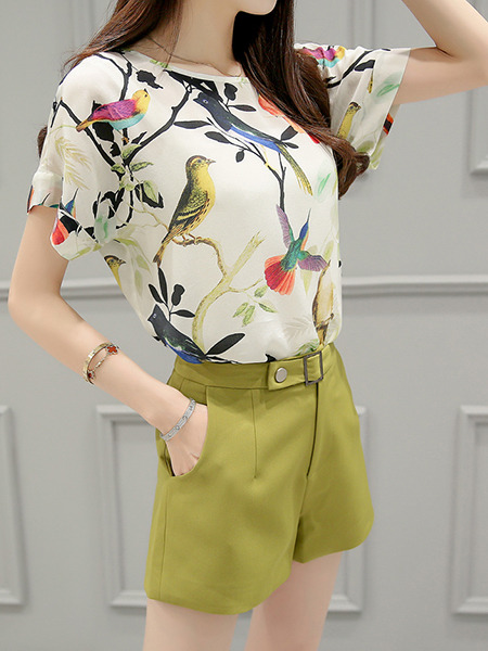 White and Green Two Piece Shirt Shorts Plus Size Wide Leg Jumpsuit for Casual Office Evening