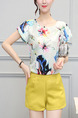 White and Yellow Two Piece Shirt Shorts Plus Size Wide Leg Jumpsuit for Casual Office Evening