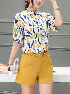 White and Brown Two Piece Shirt Shorts Plus Size Wide Leg Jumpsuit for Casual Office Evening