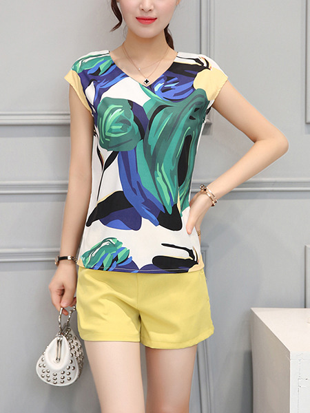 Blue Green and Yellow Two Piece Shirt Shorts Plus Size Wide Leg V Neck Jumpsuit for Casual Evening Party