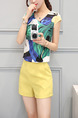 Blue Green and Yellow Two Piece Shirt Shorts Plus Size Wide Leg V Neck Jumpsuit for Casual Evening Party