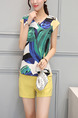 Blue Green and Yellow Two Piece Shirt Shorts Plus Size Wide Leg V Neck Jumpsuit for Casual Evening Party