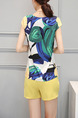 Blue Green and Yellow Two Piece Shirt Shorts Plus Size Wide Leg V Neck Jumpsuit for Casual Evening Party