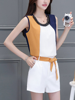 White Blue and Brown Two Piece Shirt Shorts Wide Leg Plus Size Jumpsuit for Casual Evening
