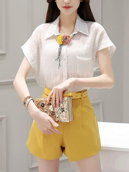 White and Yellow Two Piece Shirt Shorts Plus Size Wide Leg Jumpsuit for Casual Evening Office