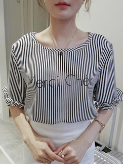 Grey and White Stripe Blouse Top for Casual Evening Office