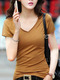 Brown T-Shirt V Neck Plus Size Top for Casual
