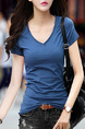 Blue T-Shirt Plus Size V Neck Top for Casual