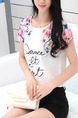 White and Pink T-Shirt Plus Size Floral Top for Casual