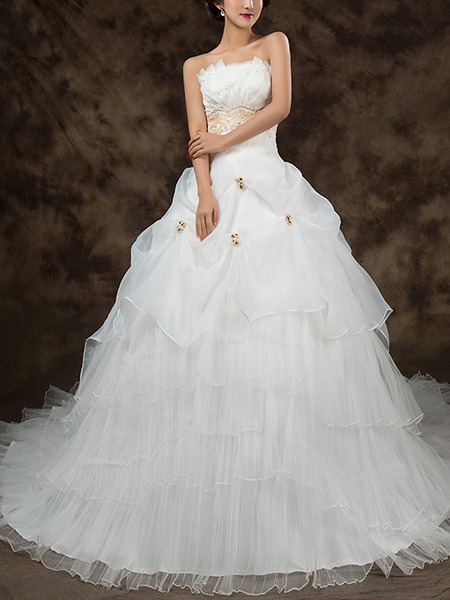 White Strapless Princess Tiered Beading Plus Size Dress for Wedding