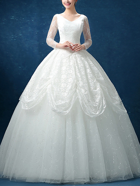 White V Neck Ball Gown Plus Size Dress for Wedding