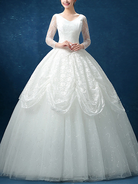 White V Neck Ball Gown Plus Size Dress for Wedding