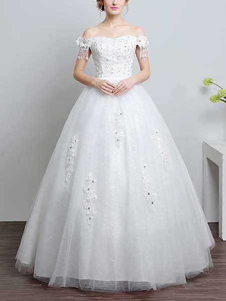 White Off Shoulder Princess Appliques Beading Plus Size Dress for Wedding