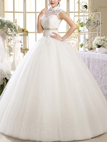 White Illusion High Neck Princess Sash Plus Size Dress for Wedding