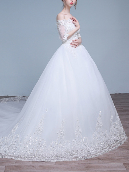 White Off Shoulder Princess Embroidery Beading Plus Size Dress for Wedding