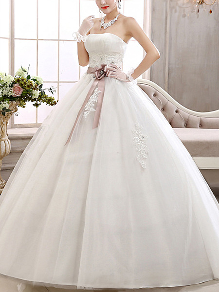 White Strapless Sash Ribbon Ball Gown Plus Size Dress for Wedding