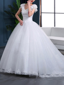 White V Neck Ball Gown Plus Size Embroidery Appliques Dress for Wedding