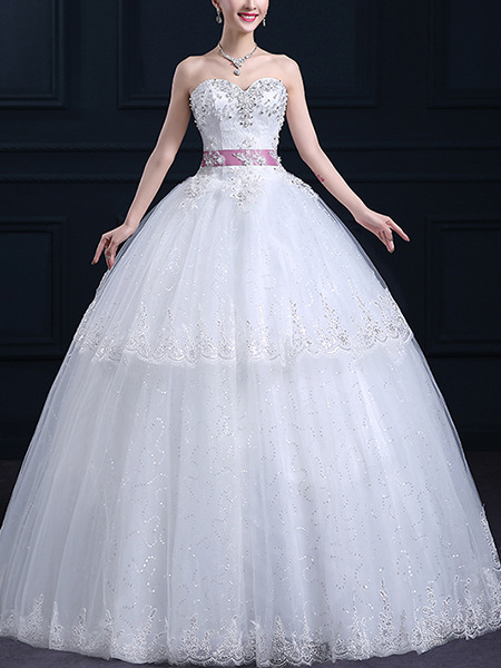 White Sweetheart Ball Gown Sash Beading Embroidery Crystal Dress for Wedding