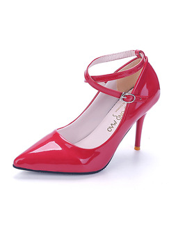 Red Patent Leather Pointed Toe Pumps High Heel Ankle Strap Stiletto Heel 9.5cm Heels