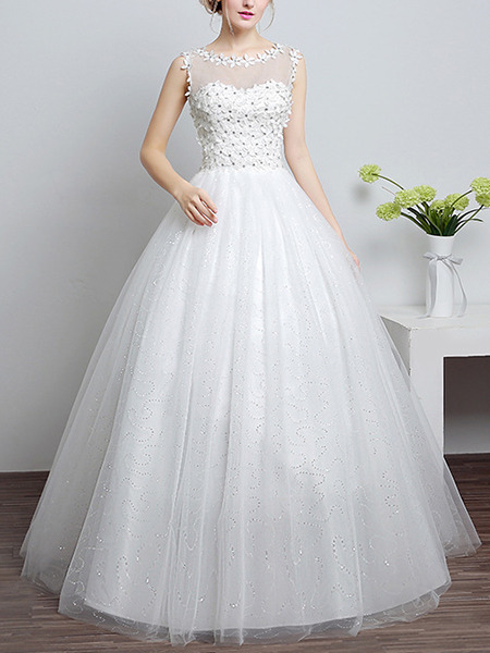 White Illusion Princess Appliques Beading Dress for Wedding