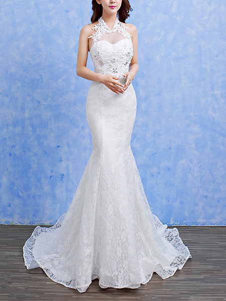White Halter Illusion Mermaid Appliques Beading Dress for Wedding