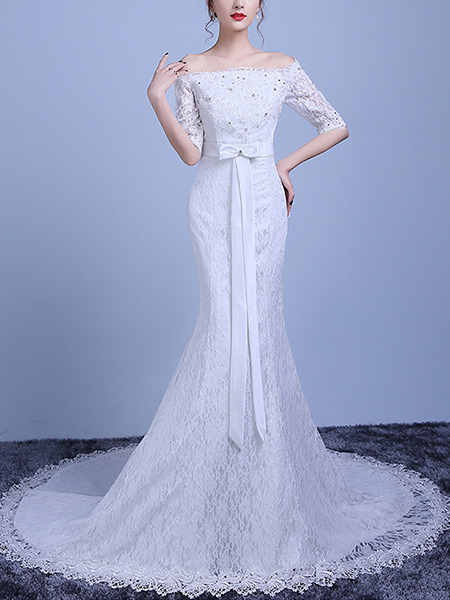 White Off Shoulder Mermaid Beading Embroidery Sash Ribbon Dress for Wedding