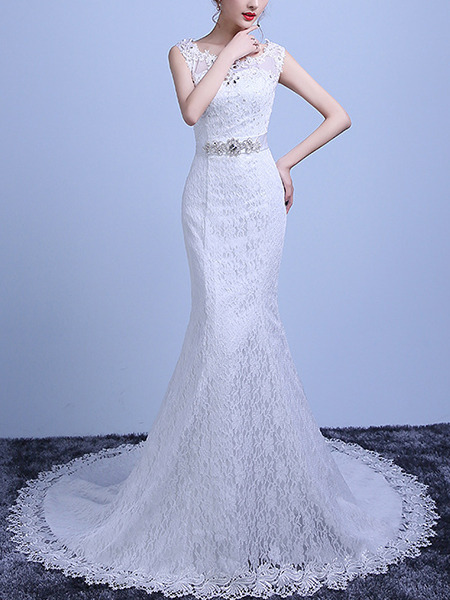 White Bateau Mermaid Beading Sash Embroidery Appliques Dress for Wedding