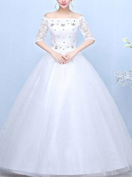 White Off Shoulder Ball Gown Embroidery Beading Dress for Wedding