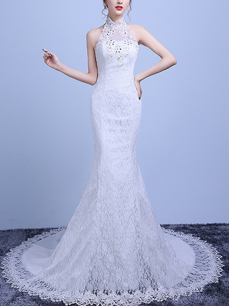 White Halter Mermaid Beading Embroidery Dress for Wedding