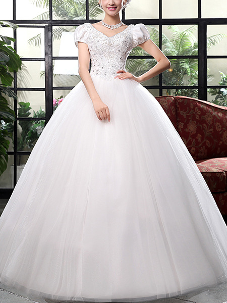 White V Neck Ball Gown Beading Embroidery Dress for Wedding