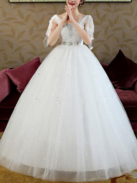 White Square Ball Gown Beading Appliques Sash Dress for Wedding