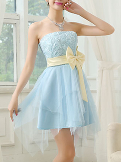 Blue and Cream Knee Length Strapless Dress for Bridesmaid Prom Ball Wedding