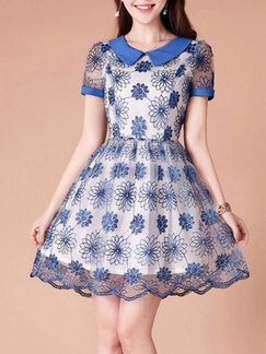 Blue Floral Shirt Lace Plus Size Above Knee Dress for Prom Bridesmaid