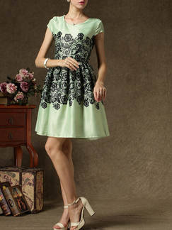 Green Floral Short Sleeves Short Dress for Cocktail Party Casual