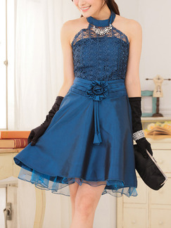 Blue Lace Halter Short Plus Size Dress for Cocktail Party