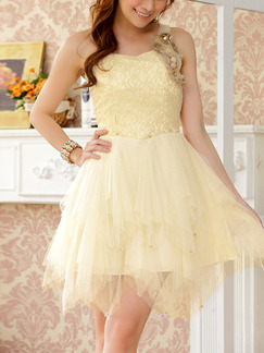 Champagne Chiffon Lace One Shoulder Sequin Short Dress for Cocktail Party