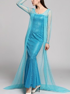 Blue Maxi Plus Size Long Sleeve Dress for Cocktail Prom Ball