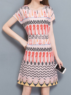 Pink Colorful Above Knee Located Printing Slim Plus Size Dress for Casual Office Party