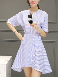 Blue and White Stripe Above Knee Stripe Shirt Asymmetrical Hem Plus Size Dress for Casual Office Party