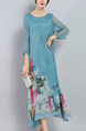 Blue Colorful Maxi Loose Located Printing Plus Size Chiffon Dress for Casual Office Party