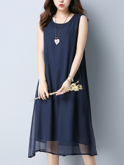 Blue Midi Literary Loose A-Line Chiffon Dress for Casual Office Evening Party