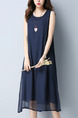 Blue Midi Literary Loose A-Line Chiffon Dress for Casual Office Evening Party