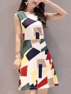 Colorful Above Knee Slim A-Line Round Neck Geometric Pattern Plus Size Dress for Casual Office Evening Party