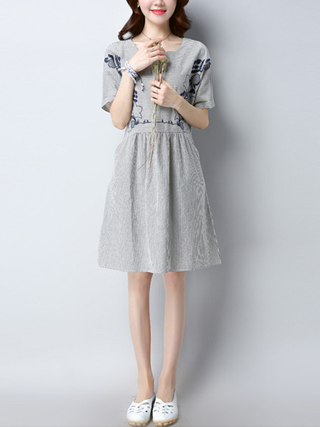 Grey Knee Length Stripe Loose Embroidery Plus Size Dress for Casual Office